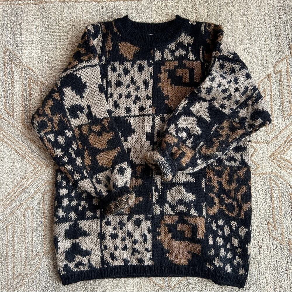 Vintage 90s Mohair Animal Print Sweater Fuzzy Patchwork Maximalist Oversized L